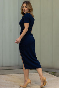 Vestido Elisangela Ombro a Ombro Franzido Com Zíper - Azul Marinho