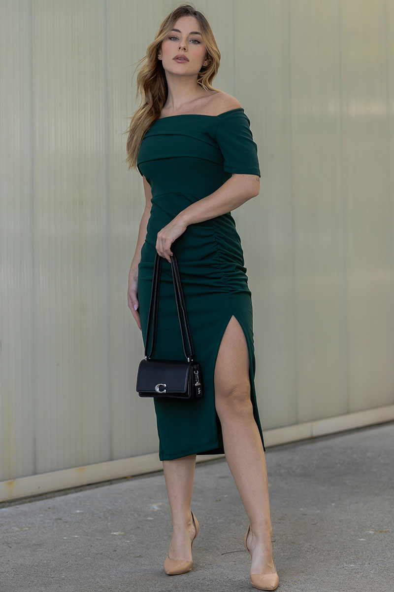 Vestido Elisangela Ombro a Ombro Franzido Com Zíper - Verde