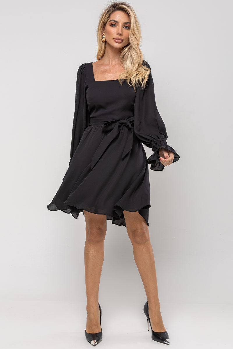 Vestido Hortênsia Curto Crepe Manga Longa Com Faixa - Preto