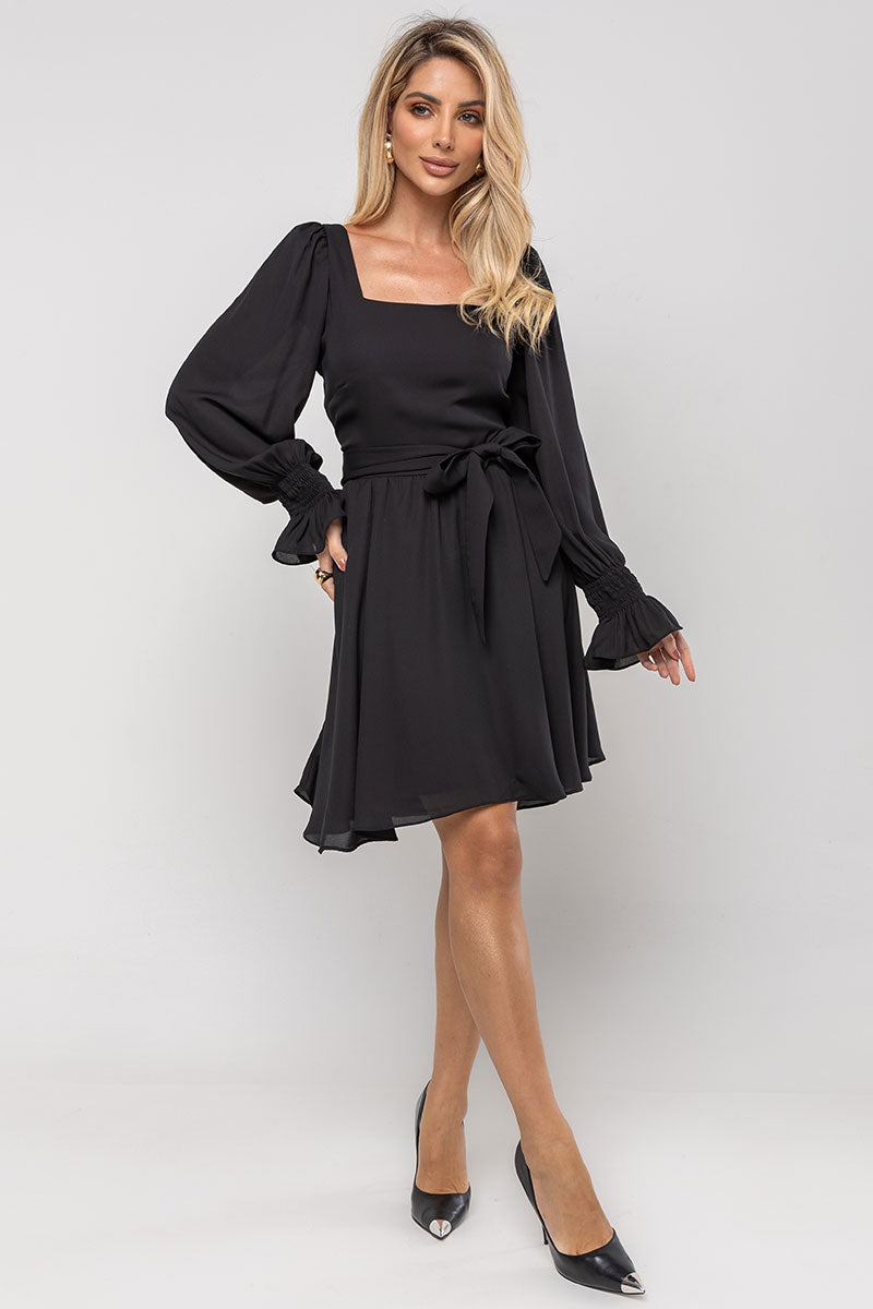 Vestido Hortênsia Curto Crepe Manga Longa Com Faixa - Preto