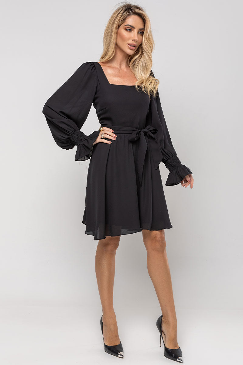 Vestido Hortênsia Curto Crepe Manga Longa Com Faixa - Preto