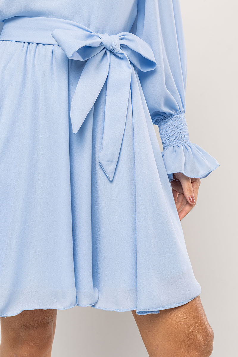 Vestido Hortênsia Curto Crepe Manga Longa Com Faixa - Azul