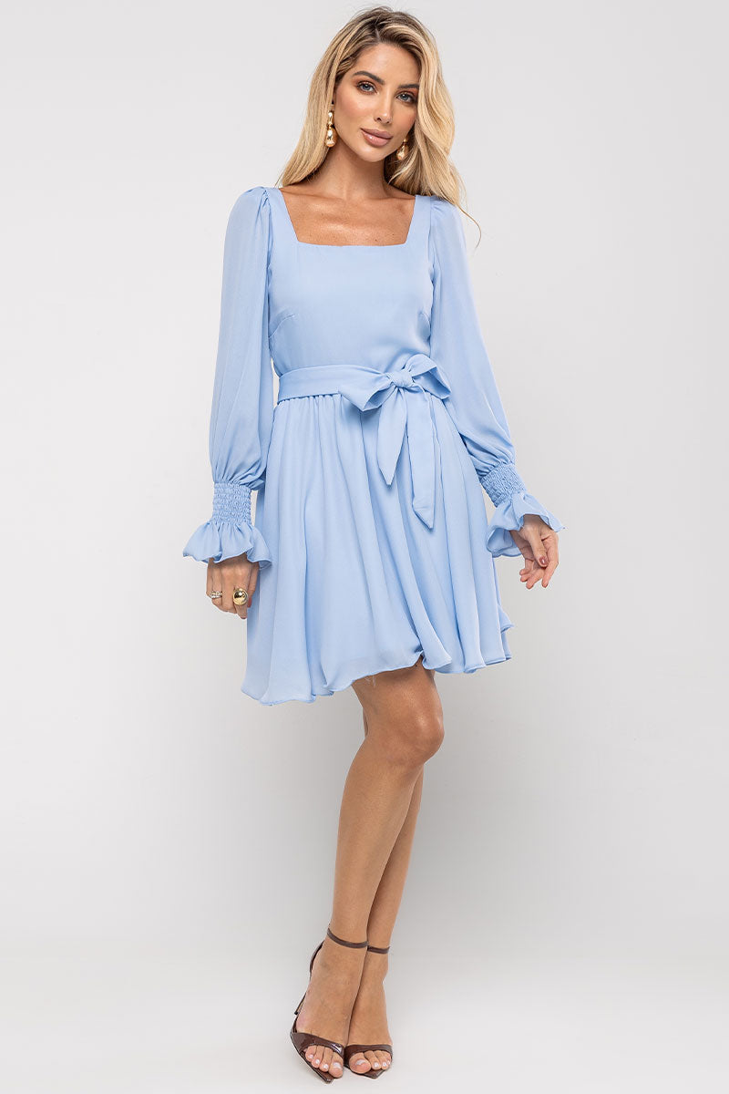 Vestido Hortênsia Curto Crepe Manga Longa Com Faixa - Azul