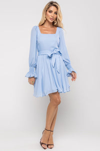 Vestido Hortênsia Curto Crepe Manga Longa Com Faixa - Azul