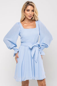 Vestido Hortênsia Curto Crepe Manga Longa Com Faixa - Azul