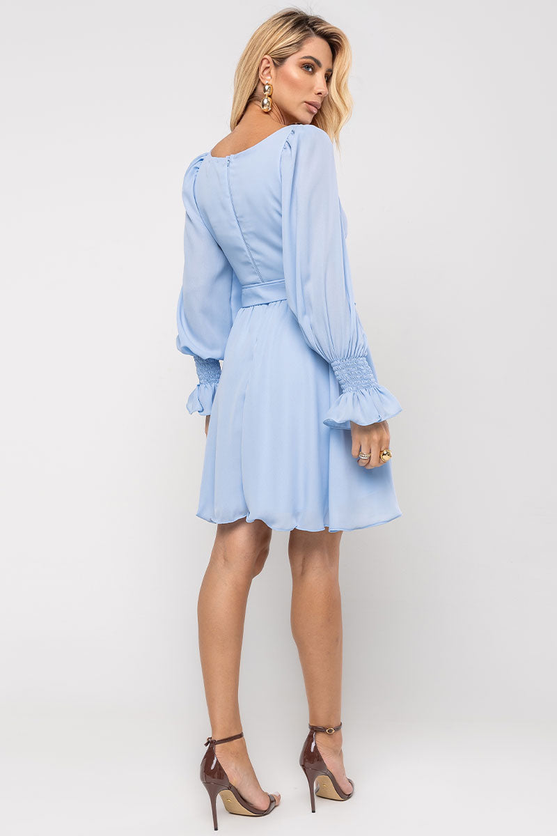 Vestido Hortênsia Curto Crepe Manga Longa Com Faixa - Azul