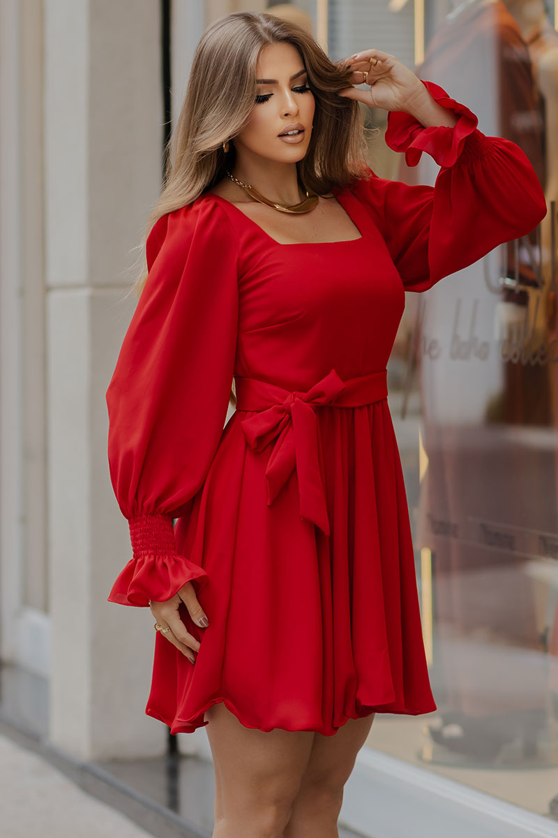 Vestido Hortênsia Curto Crepe Manga Longa Com Faixa - Vermelho