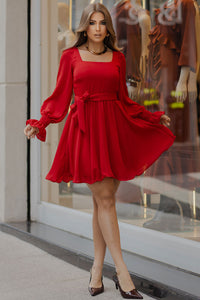 Vestido Hortênsia Curto Crepe Manga Longa Com Faixa - Vermelho