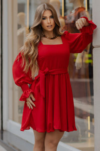 Vestido Hortênsia Curto Crepe Manga Longa Com Faixa - Vermelho