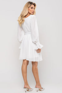 Vestido Hortênsia Curto Crepe Manga Longa Com Faixa - Off White