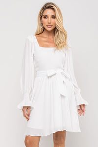 Vestido Hortênsia Curto Crepe Manga Longa Com Faixa - Off White