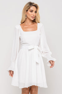 Vestido Hortênsia Curto Crepe Manga Longa Com Faixa - Off White