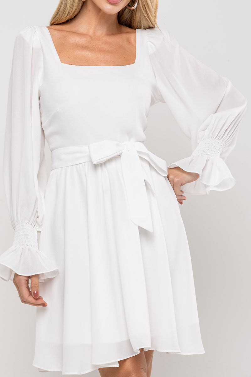 Vestido Hortênsia Curto Crepe Manga Longa Com Faixa - Off White