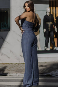 Conjunto Ieda Cropped e Calça Risca de Giz - Azul