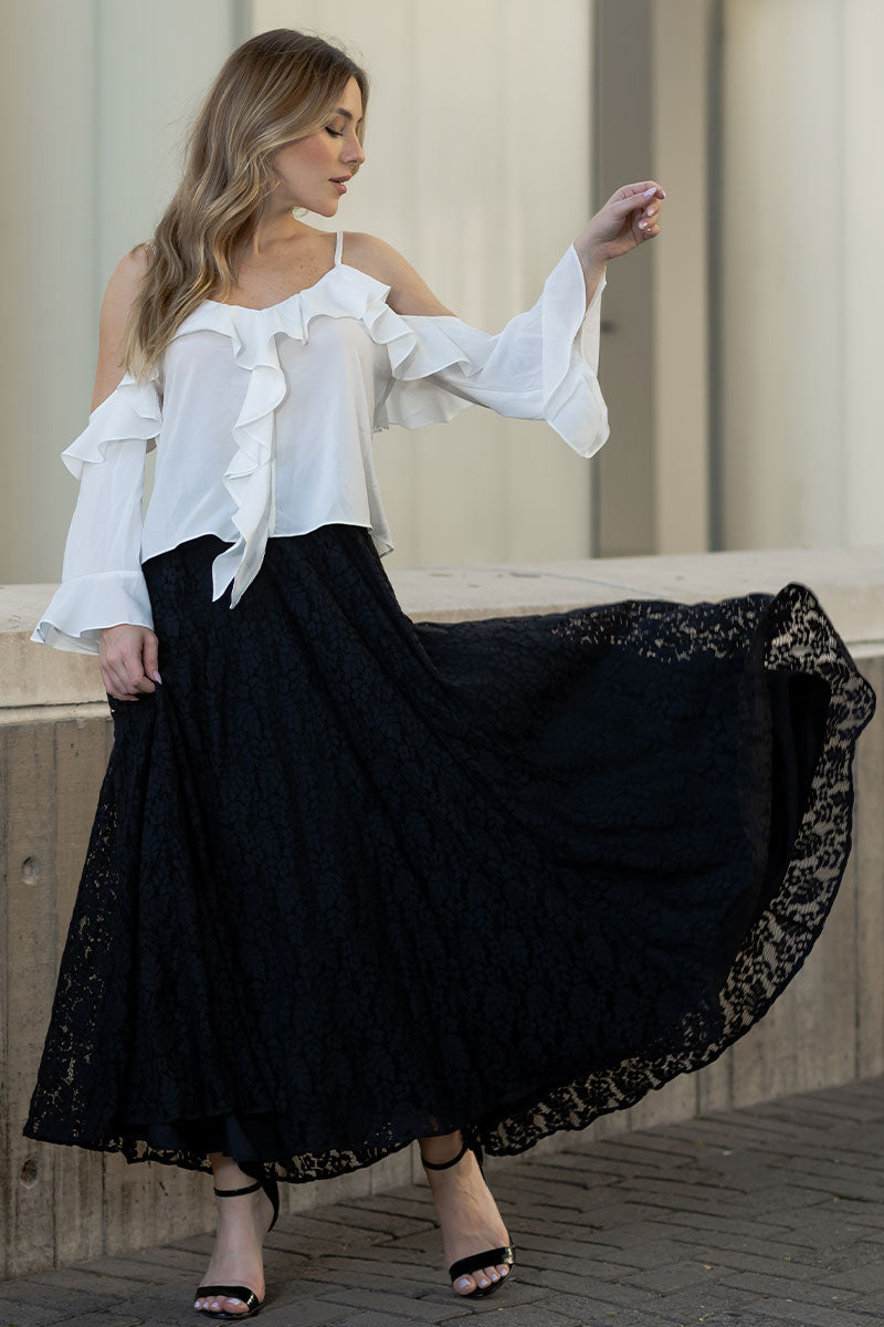 Saia Ludimila Midi Com Fenda Rodada e Zíper - Preta