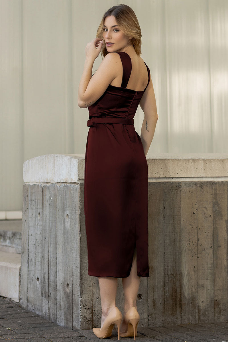 Vestido Pieta Midi Cetim Com Cinto - Vinho