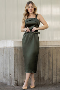 Vestido Pieta Midi Cetim Com Cinto - Verde