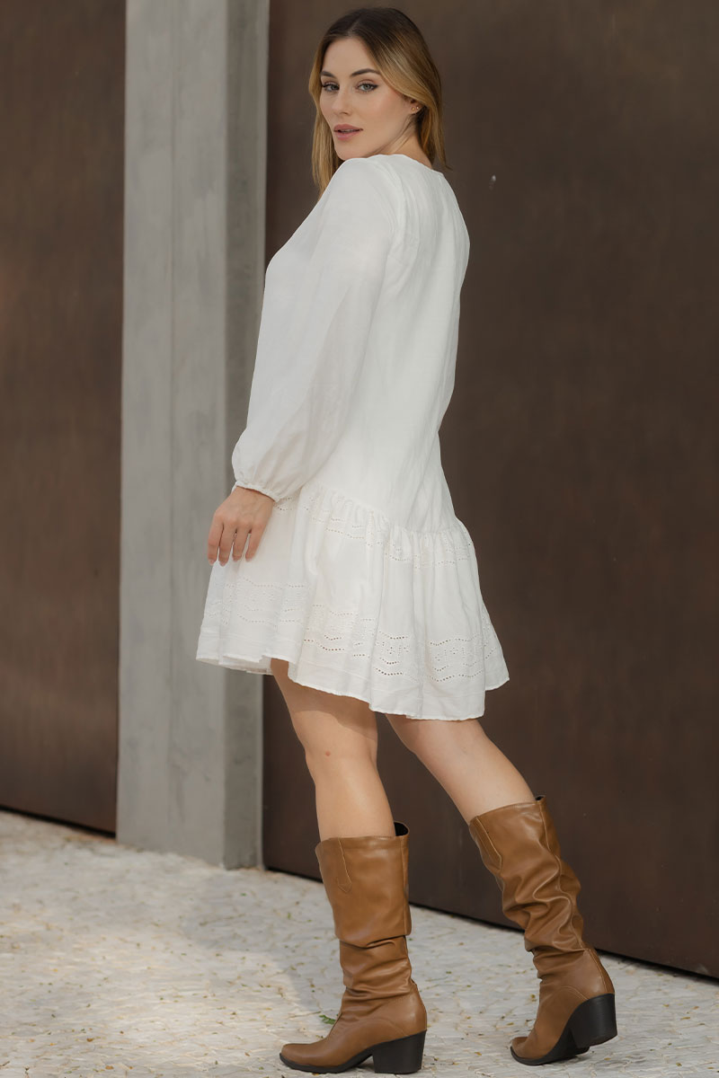 Vestido Roseli Manga Longa Com Babado Bordado - Off White