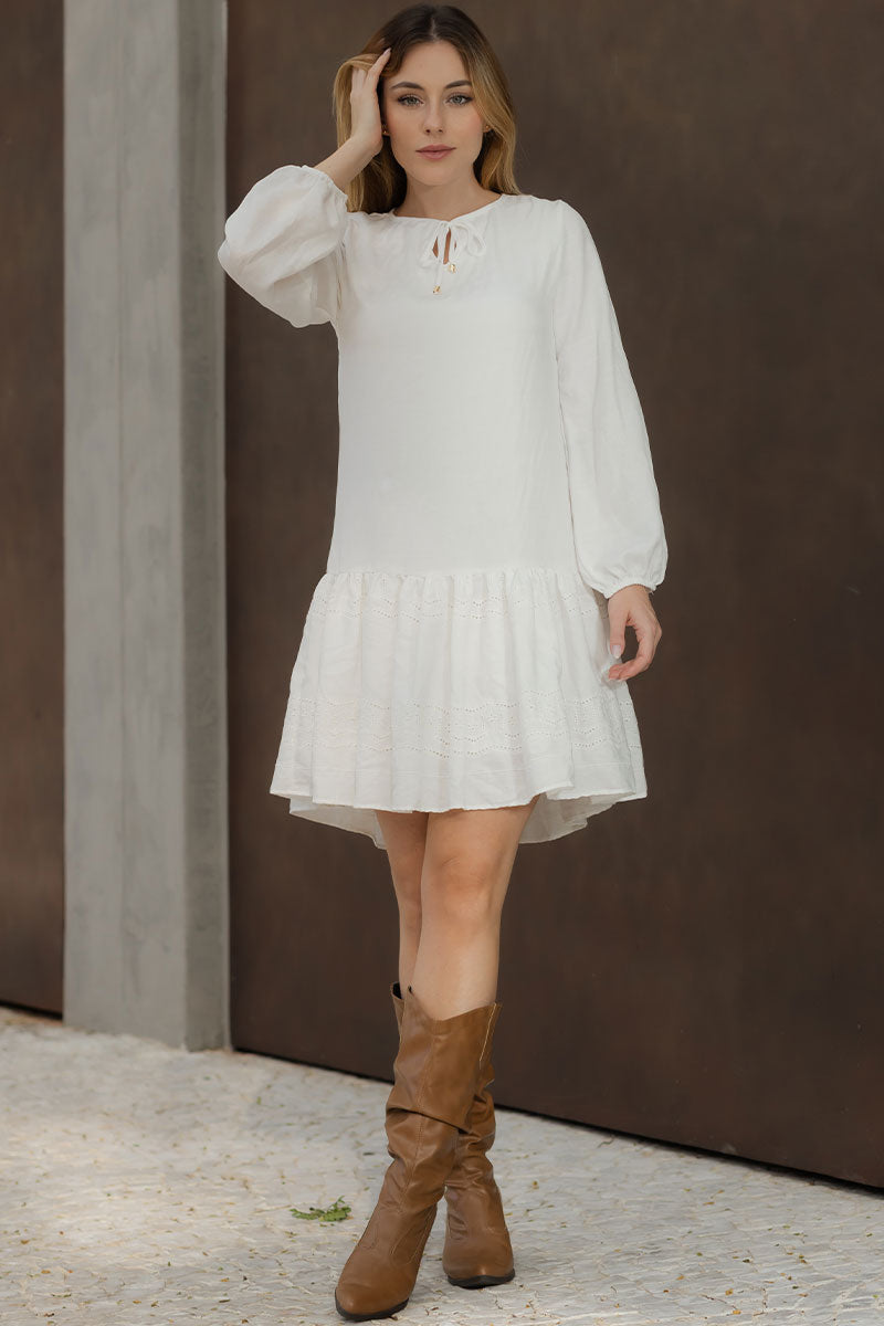 Vestido Roseli Manga Longa Com Babado Bordado - Off White