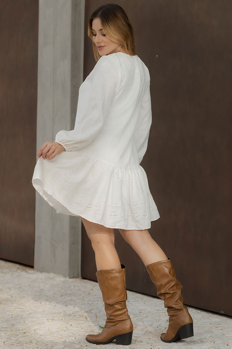 Vestido Roseli Manga Longa Com Babado Bordado - Off White