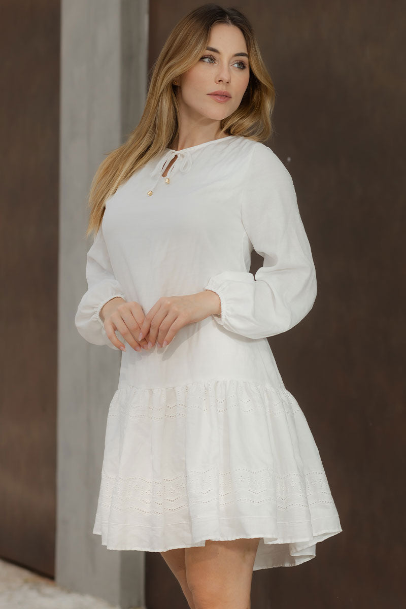 Vestido Roseli Manga Longa Com Babado Bordado - Off White