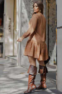 Vestido Roseli Manga Longa Com Babado Bordado - Caramelo