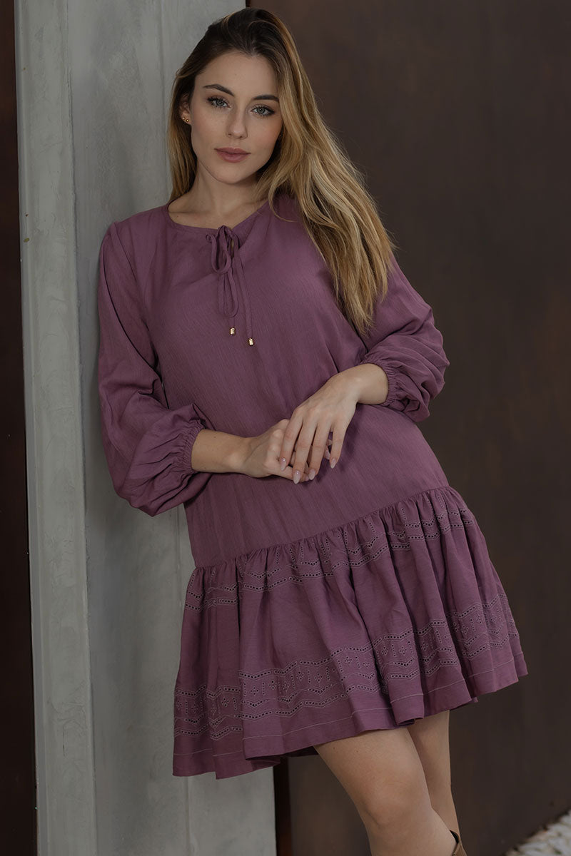 Vestido Roseli Manga Longa Com Babado Bordado - Uva