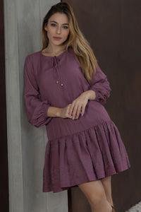 Vestido Roseli Manga Longa Com Babado Bordado - Uva