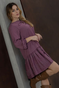 Vestido Roseli Manga Longa Com Babado Bordado - Uva