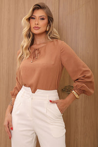 Blusa Elis Manga Longa Com Ponteira - Caramelo
