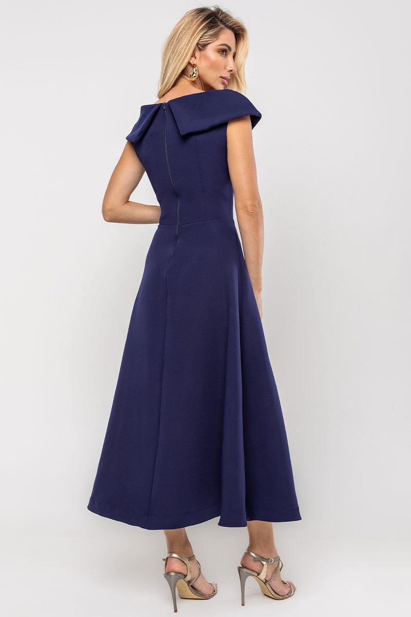 Vestido Hilda Com Detalhe Flor Na Gola - Azul Marinho