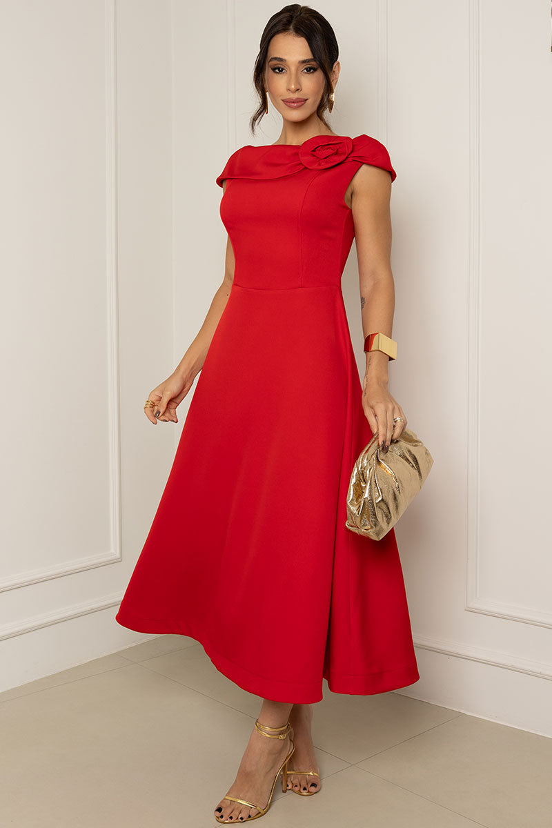 Vestido Hilda Com Detalhe Flor Na Gola - Vermelho