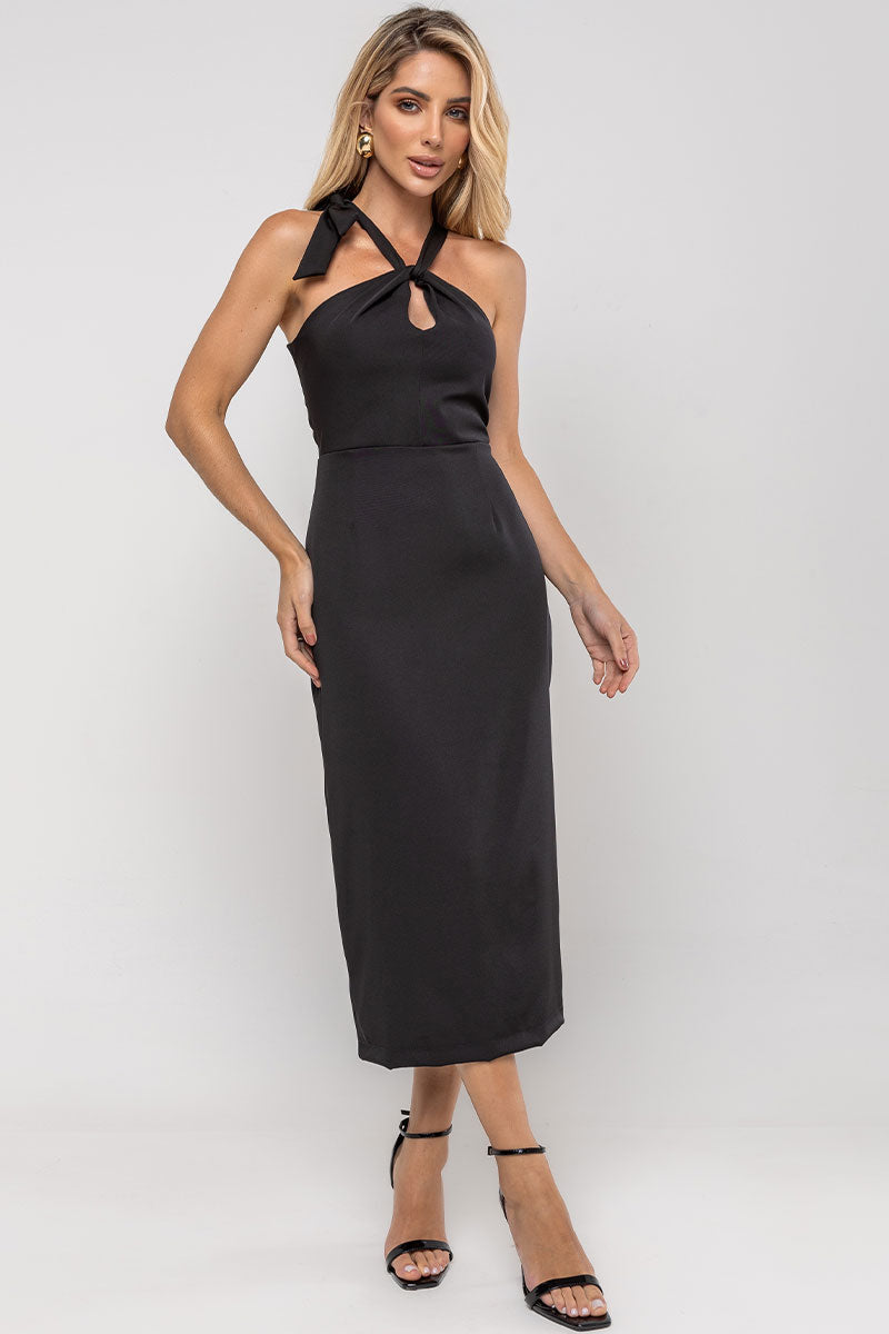 Vestido Janaina Midi Transpassado Com Cinto Gola - Preto