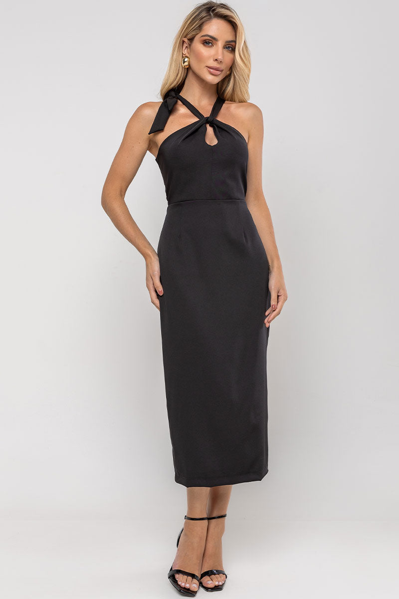 Vestido Janaina Midi Transpassado Com Cinto Gola - Preto