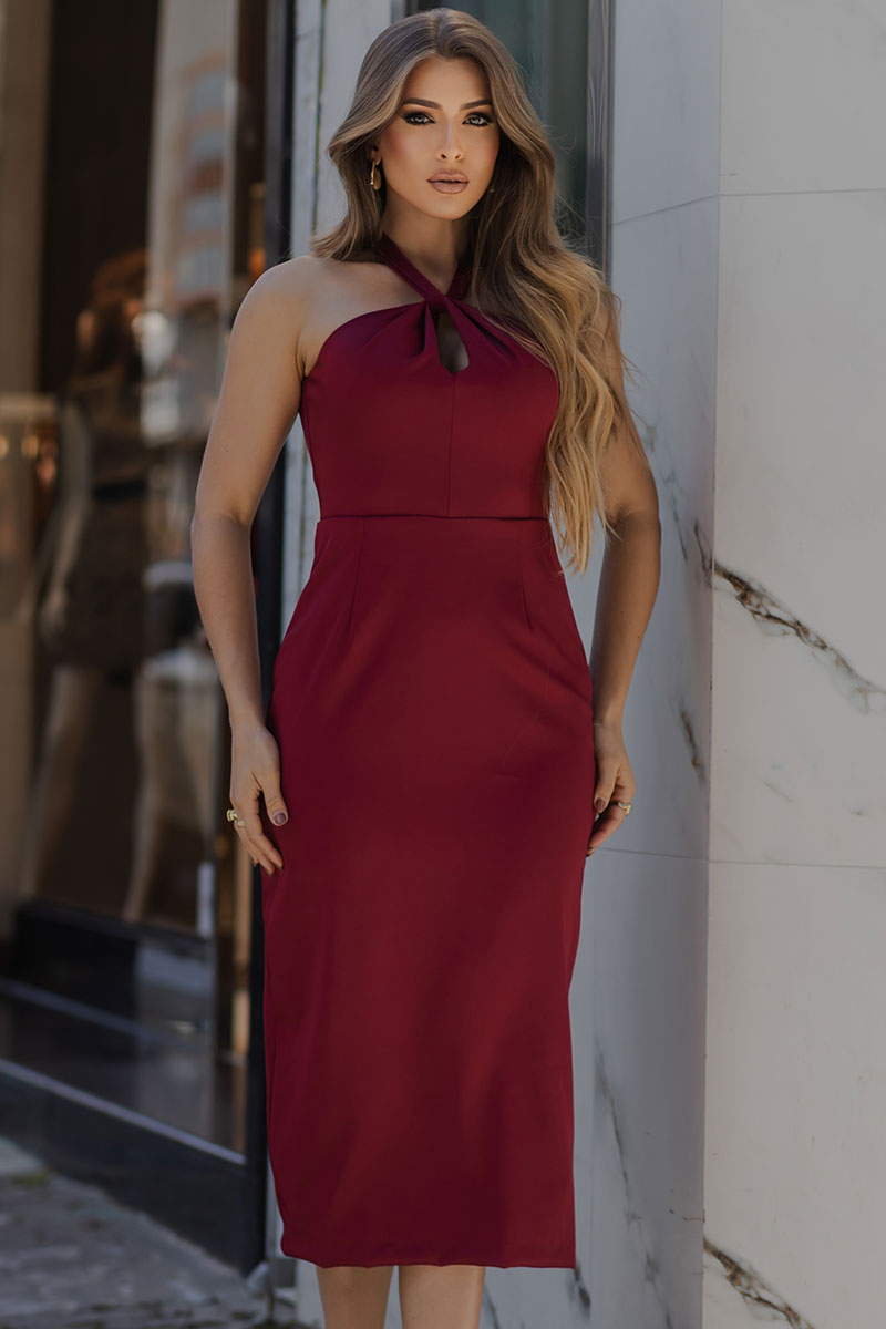 Vestido Janaina Midi Transpassado Com Cinto Gola - Vinho