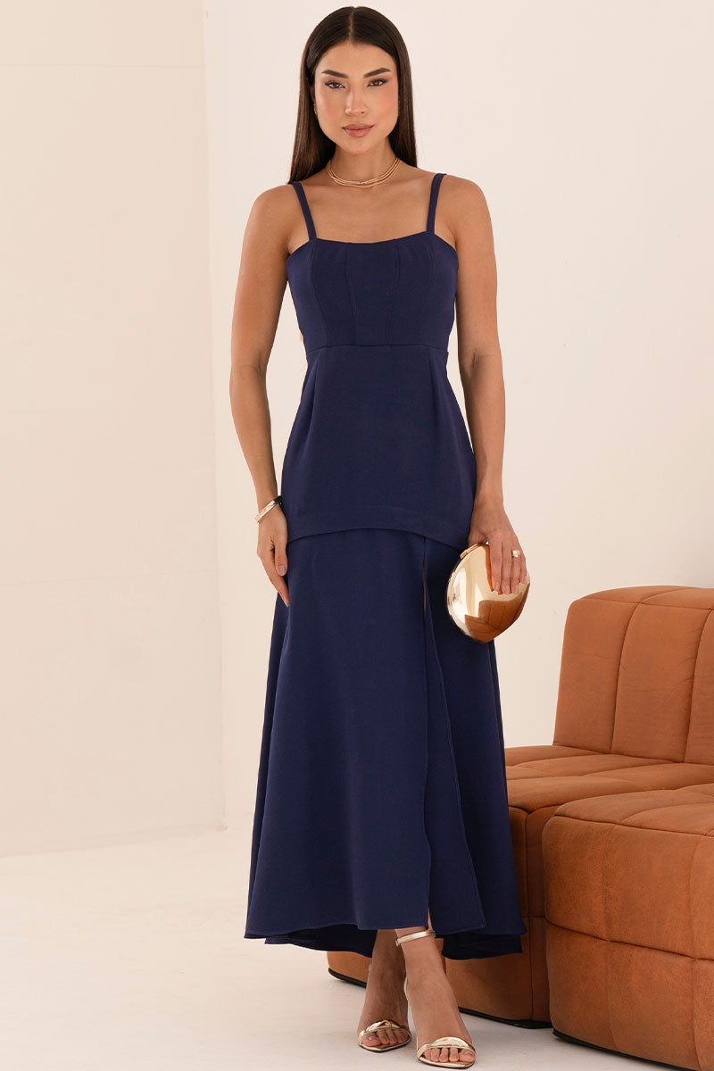 Vestido Antonella Longo Com Alca e Fenda - Azul Marinho