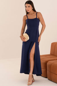 Vestido Antonella Longo Com Alca e Fenda - Azul Marinho