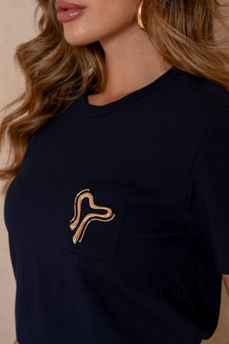 Blusa Tamires Manga Curta Com Detalhe Metal - Azul Marinho