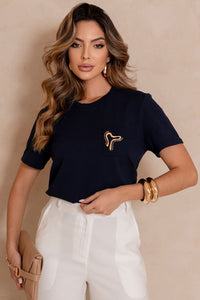 Blusa Tamires Manga Curta Com Detalhe Metal - Azul Marinho