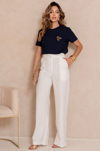 Blusa Tamires Manga Curta Com Detalhe Metal - Azul Marinho