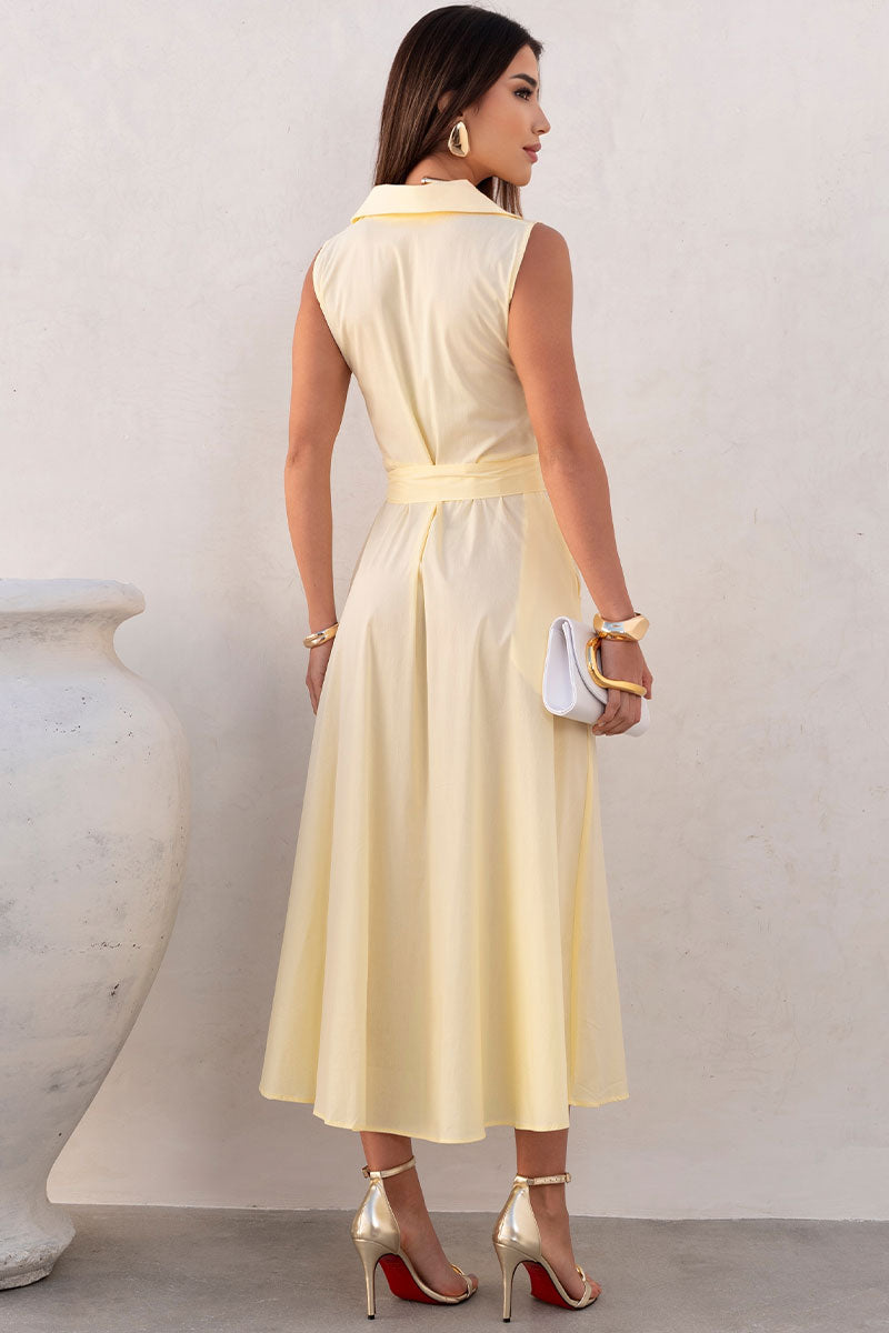 Vestido Rose Midi Aberto Com Botão e Faixa - Amarelo