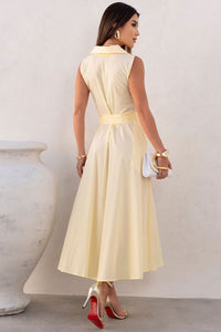 Vestido Rose Midi Aberto Com Botão e Faixa - Amarelo