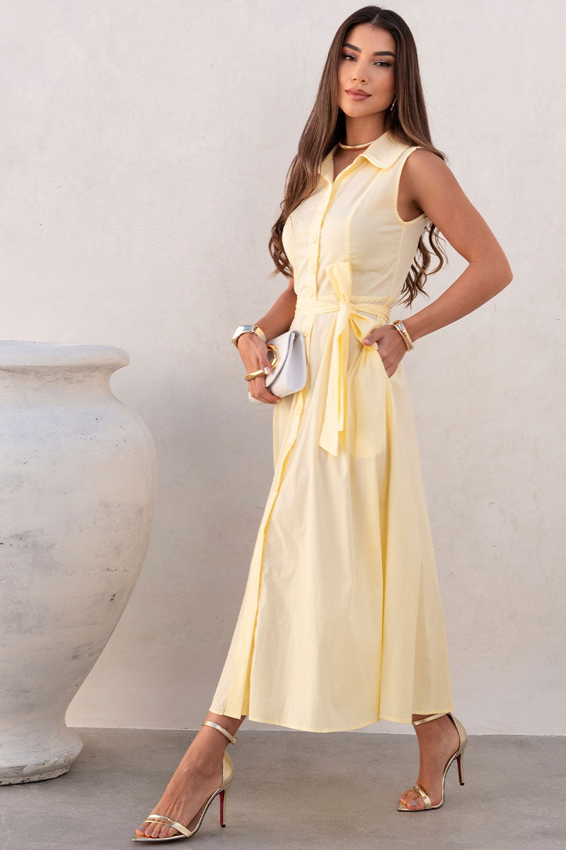 Vestido Rose Midi Aberto Com Botão e Faixa - Amarelo