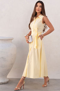 Vestido Rose Midi Aberto Com Botão e Faixa - Amarelo