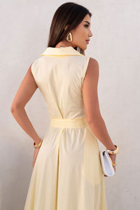 Vestido Rose Midi Aberto Com Botão e Faixa - Amarelo