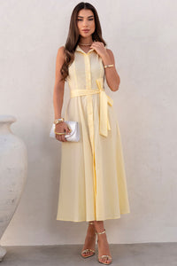 Vestido Rose Midi Aberto Com Botão e Faixa - Amarelo