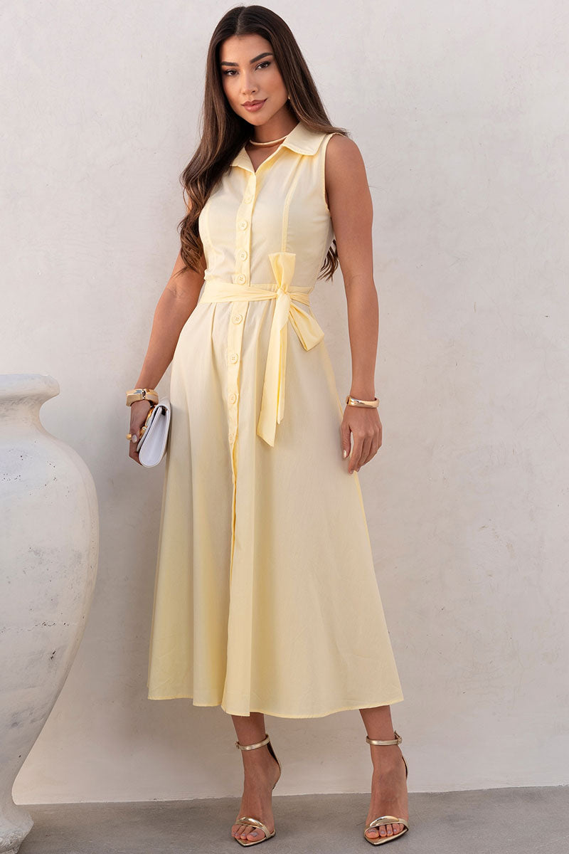 Vestido Rose Midi Aberto Com Botão e Faixa - Amarelo