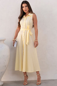 Vestido Rose Midi Aberto Com Botão e Faixa - Amarelo