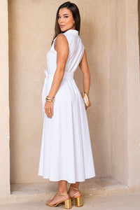 Vestido Rose Midi Aberto Com Botão e Faixa - Branco