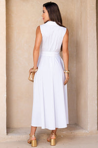 Vestido Rose Midi Aberto Com Botão e Faixa - Branco